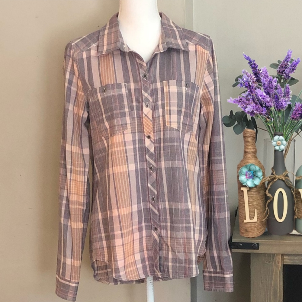 Roxy Lavender Pink Button Down Plaid Shirt Top L
